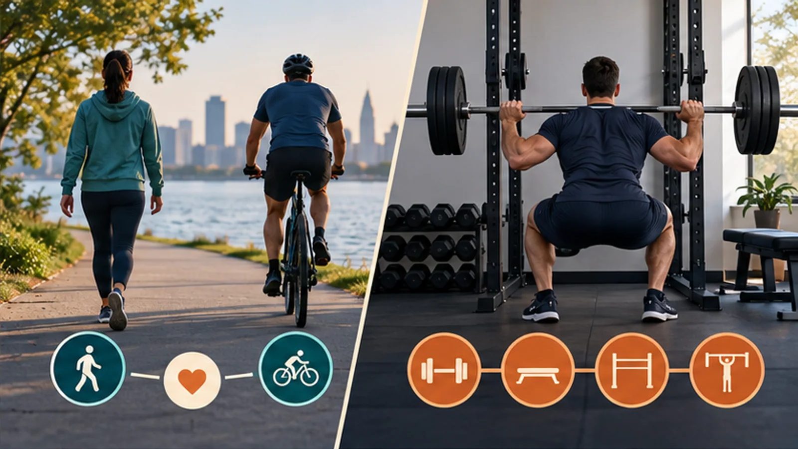 Walking and cycling establish a health baseline beside a separate structured resistance program