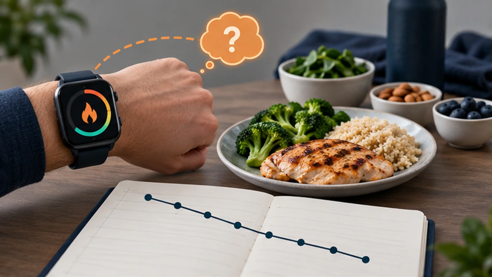 A smartwatch calorie estimate is compared with food portions and a repeated body-weight trend