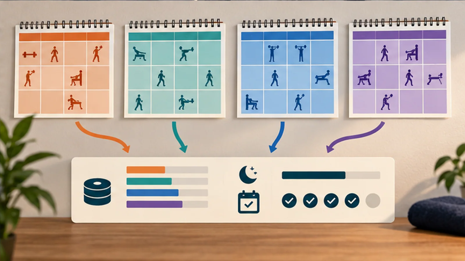 Different workout calendars converge on the same weekly volume, recovery, and attendance ledger